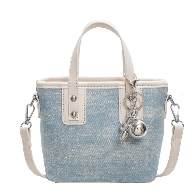 Popular Niche Casual Contrasting Denim Portable Bucket Bag Commuting Versatile Personalized Texture Messenger Women's Bag