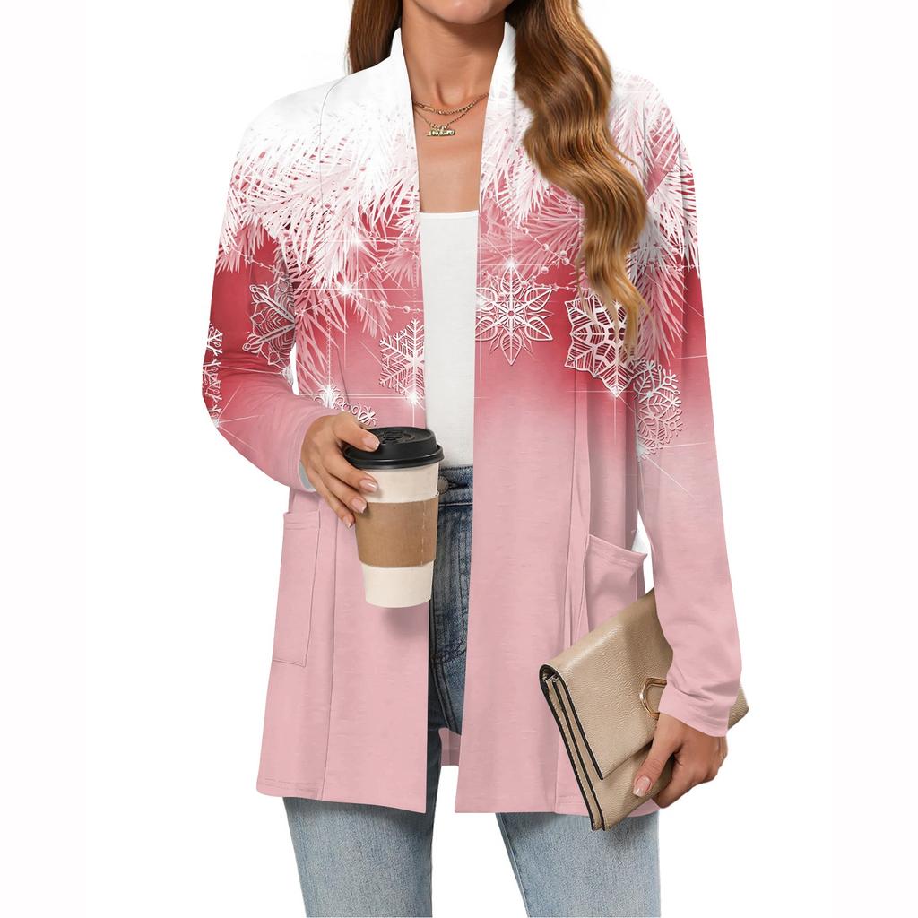 Women's Christmas Printed Lightweight Cardigan Long Sleeved Casual Loose Thin Fit With Pockets Cardigan Jacket