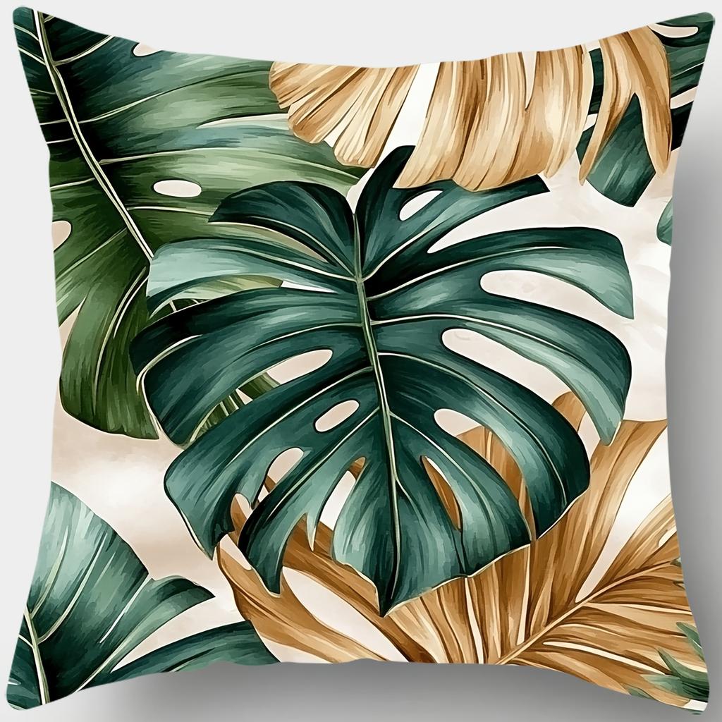Ensemble de 4 taies d'oreiller feuilles de palmier tropicales - Fermeture éclair en polyester pour coussins de canapé et décoration de salon