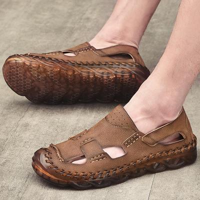 Outdoor Summer New Cowhide Breathable Baotou Sandals Fashionable Men's Handsewn Comfortable Soft Sole Anti Slip Driving Shoes