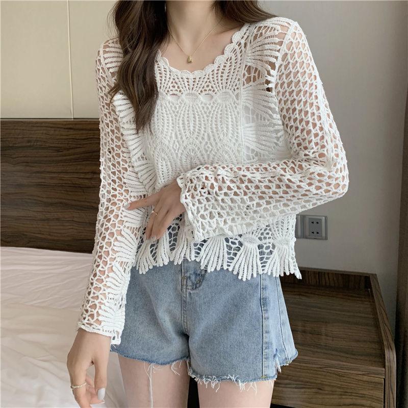 Hohlstrickbluse für Damen, Sommer, locker, dünn, Sonnenschutz, Klimaanlage, Hemd, einfarbig, schick, Spitze, kurzes Oberteil