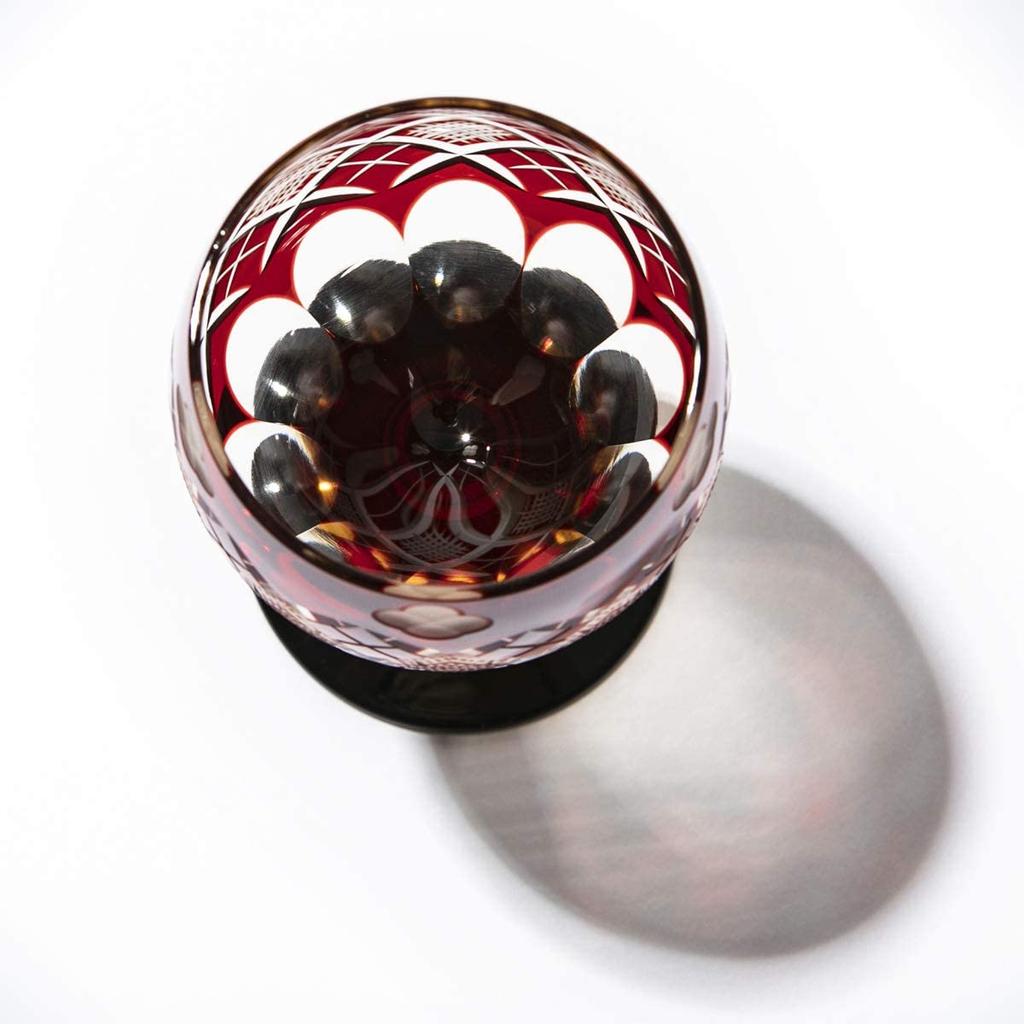 Official Direct Sales from Taiburo Edo Kiriko Wine Glass with and Pattern Wooden Made In Japan Studio Four-Leaf Yarai-Nanko (Amber Red) TB94408AR,