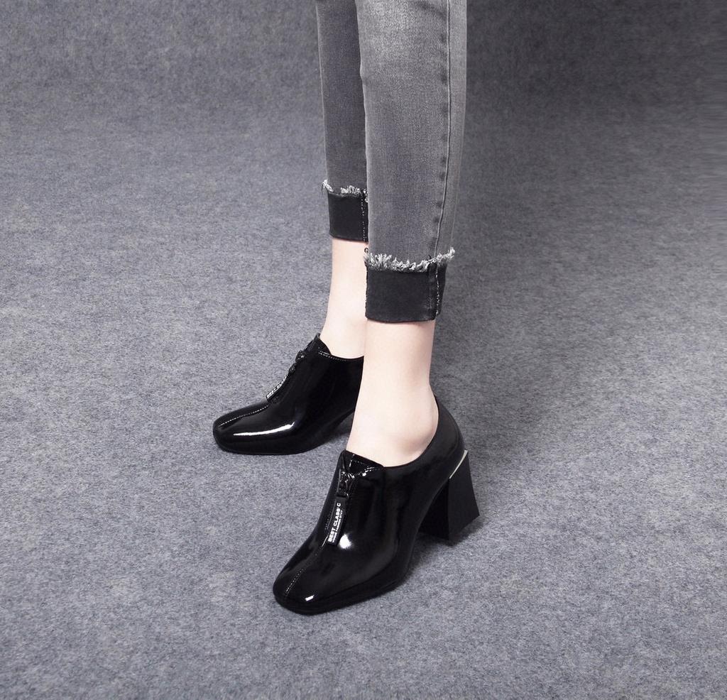 High Heels Early Spring New Square Head Front Zipper Square Heel Thick Heel Women's Shoes First Layer Cow Patent Leather Single Shoes