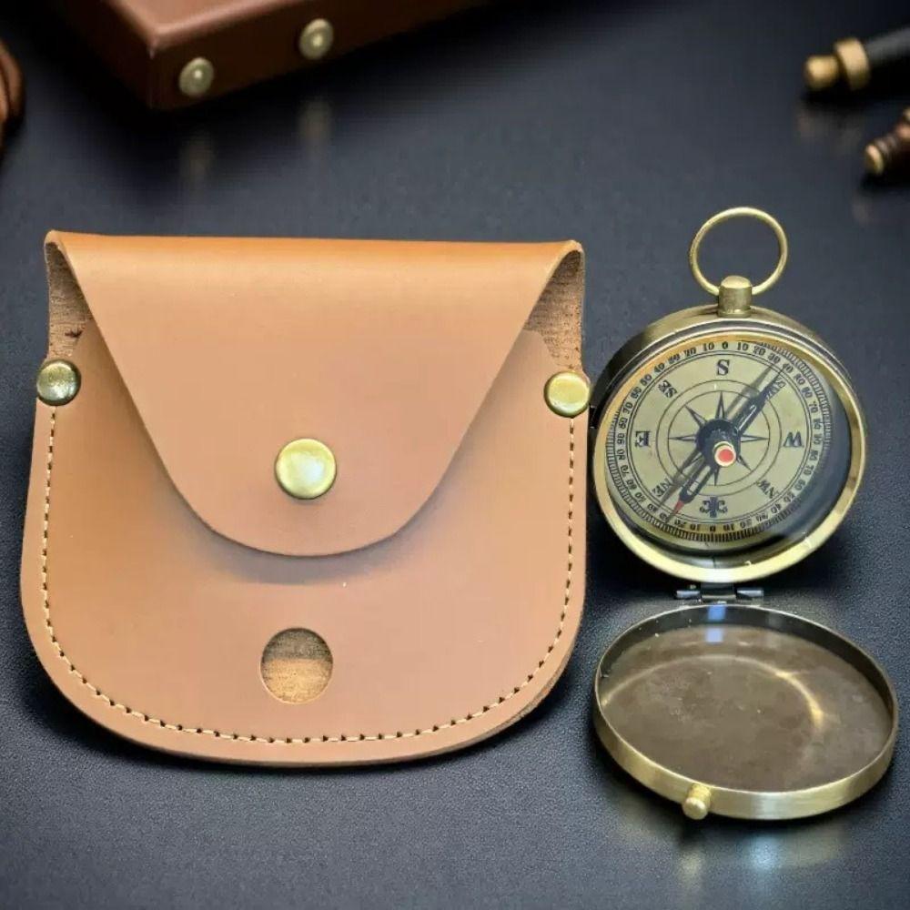 Pu Leather Vintage Compass Leather Case Portable Pouch Holder Container  Outdoor Adventure Camping