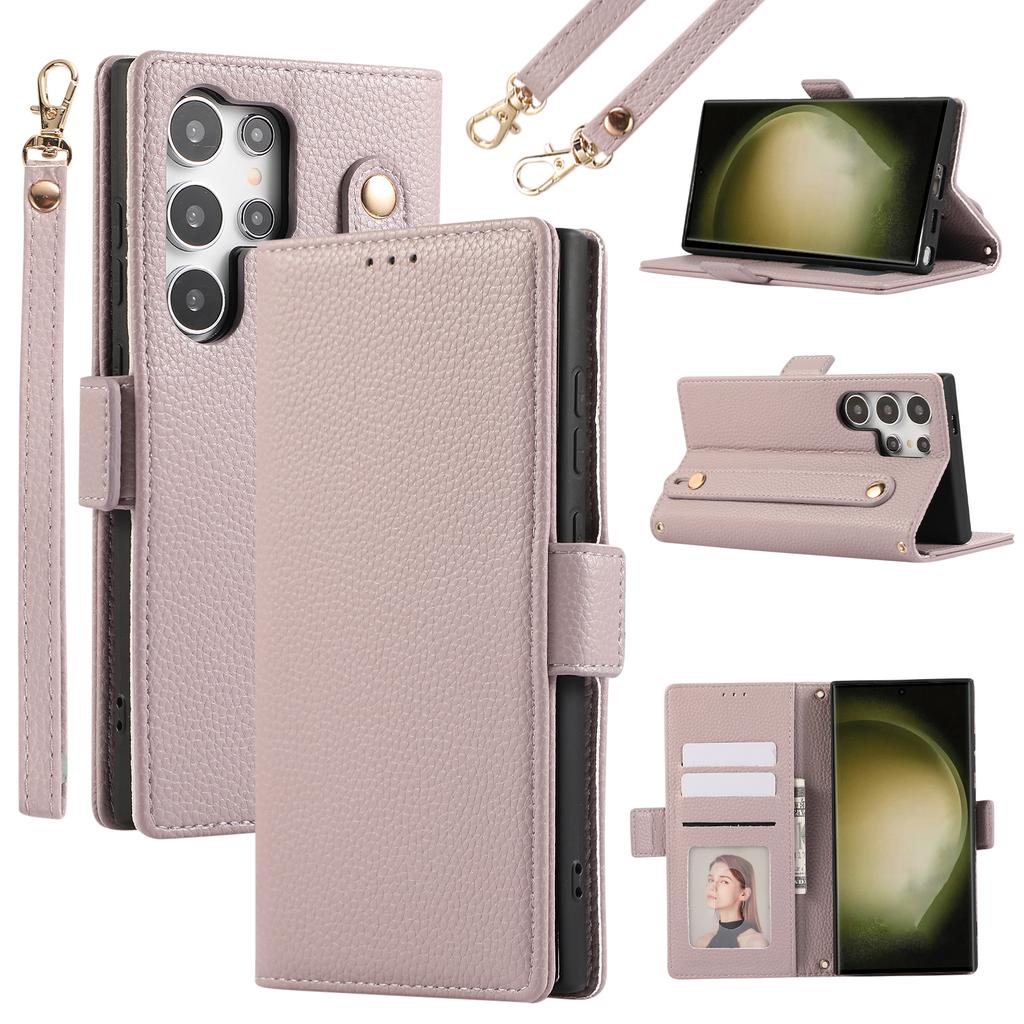 For Samsung Galaxy S23 Ultra Leather Case with Card Holder, Straps, Shockproof Wallet Phone Cover