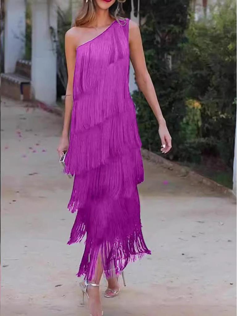 Rochie de seară europeană și americană asimetrică cu un umăr și ciucuri