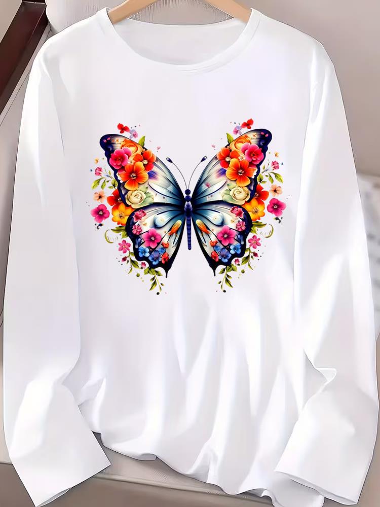 (Asian Size) butterfly style Long Sleeve T-shirts Casual Clothing Women o-neck Print T Shirt autumn winter spring Fashion Top Graphic Tee