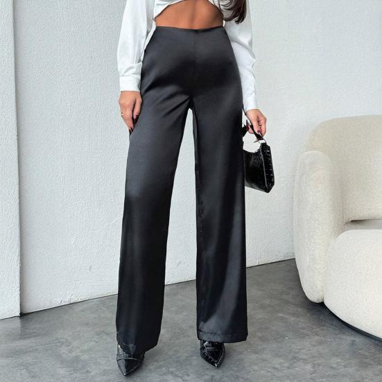 Women Pants Mid-rise Solid Color Loose Fit Wide Leg Design Long Trousers Smooth Satin Casual Trousers Daily Wear