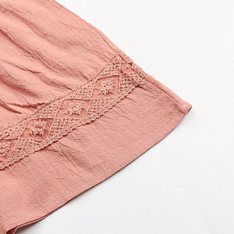 Women Casual Summer Short Sleeve V Neck Blouse Shirt Pink Cotton Linen