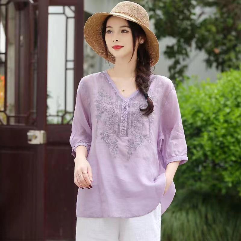 Women V Neck Embroidered Linen Blouse 3/4 Sleeve Loose Casual Vintage Summer Shirt M-4XL