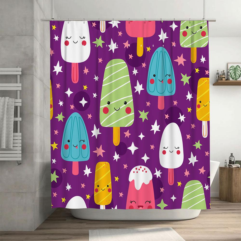 Cute Cartoon Popsicle Print Shower Curtain For Bathroom Decor 3D Printed Waterproof Fabric Bath Mat In Purple