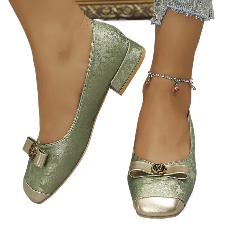2024 Ladies Shoes Slip On Women's High Heels Fashion Dress Pumps Women Bow Tie Print Square Toe Low Heel Plus Size Shoes Women