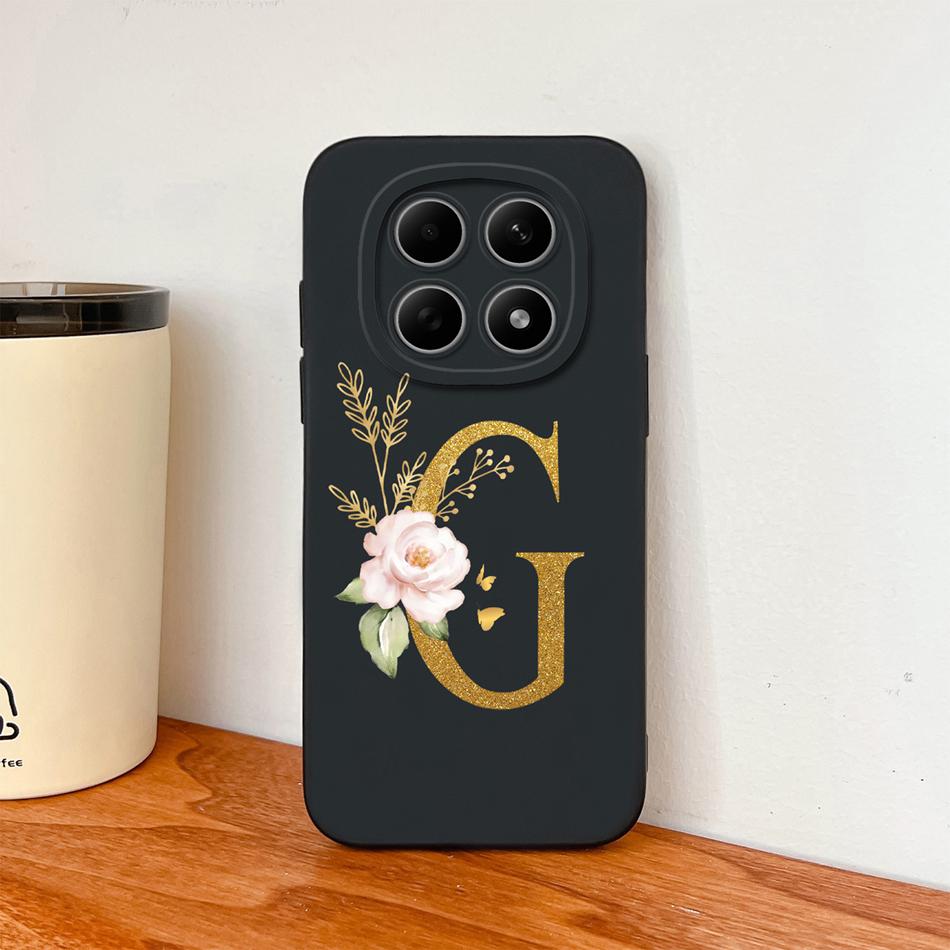 Floral Gold Letters Cover For Poco M8 Pro Phone Case Soft Smooth Liquid Silicone Anti Drop Protective High Quality Couple Bumper