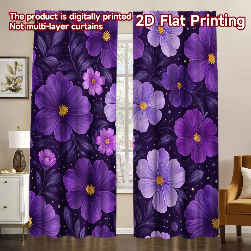 2D FLAT PRINTING 2pcs Curtains (Without Rod) Purple Floral Blossoms Chic Minimalist Curtains Versatile Durable Polyester
