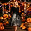 Women Crew Neck Halloween Print Dress Long Sleeve Casual Style A Line Midi Dress with Belt and Pattern Skirt