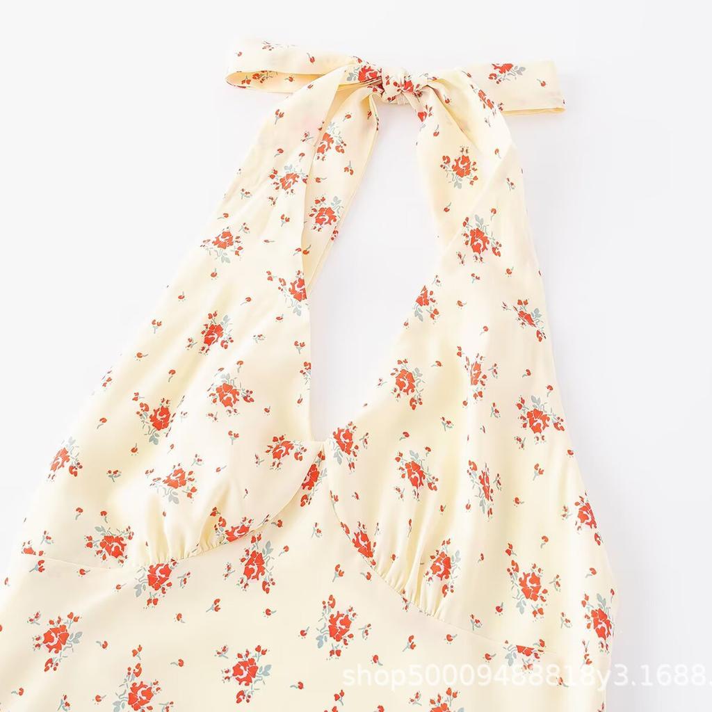 Retro Temperament V-neck Floral Neck Dress, Slim Women's Summer Hong Kong Style High-end Waist Long Dress