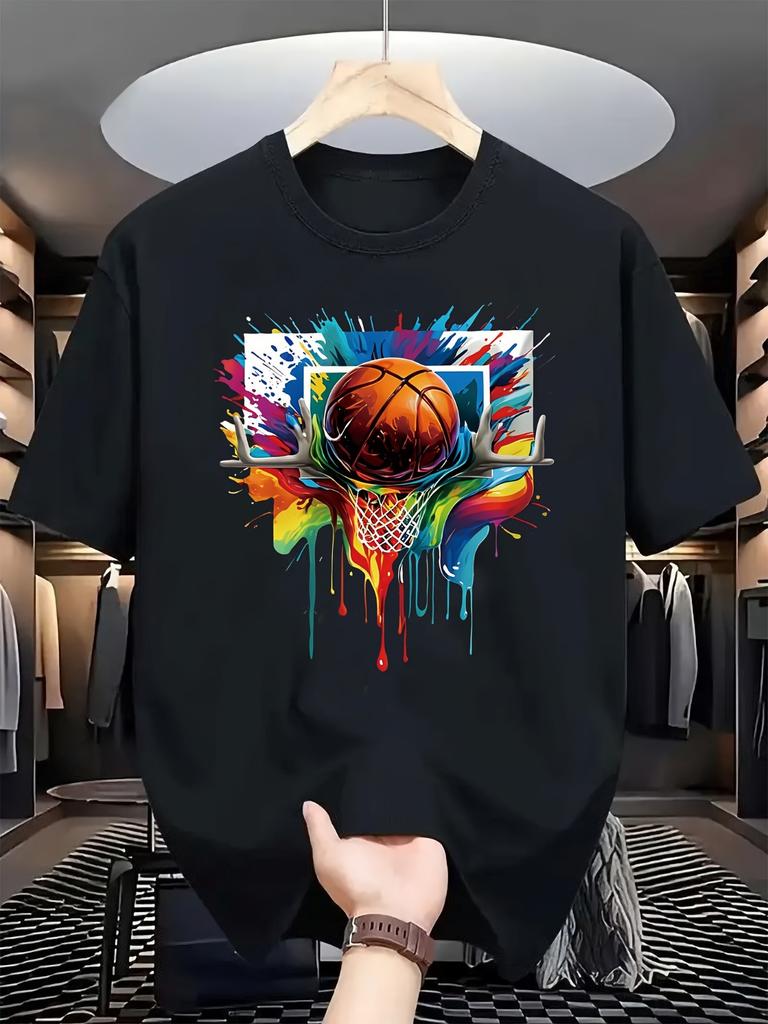 Men's New Summer 100% Cotton T Shirt with Basketball Print Short Sleeved Top Suitable for Basketball Enthusiasts and Daily Wear