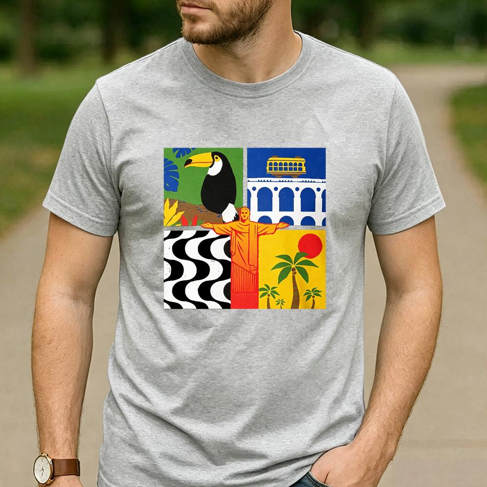 Rio de Janeiro Four Panel Pop Art Cotton T Shirt Brazil Toucan Christ the Redeemer Beach Graphic Unisex Unisex Unisex Streetwear Tee
