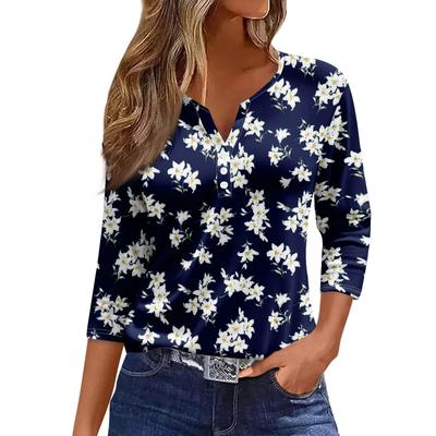 Damen T-Shirt mit Aufdruck, Knopfleiste, 3/4-Ärmel, für den Alltag, Wochenende, modisch, Basic, V-Ausschnitt, normale Passform, Oberteile für Damen, Damenoberteile und Blusen