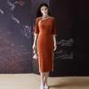 Orange Velvet Long Sleeve Cheongsam Dress Women Vintage Style Winter Modern Qipao