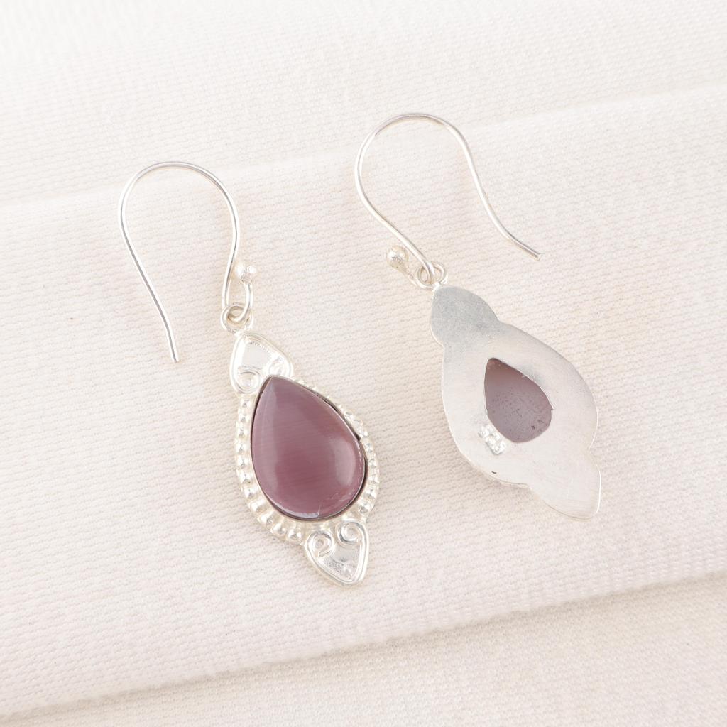 Purple Cat's Eye 925 Solid Sterling Silver Earrings, Handmade Gemstone Earrings Jewelry, Gifts For Wife Brand New Earrings