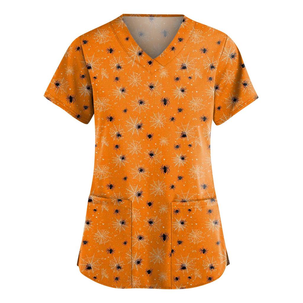 Tuta da donna alla moda con scollo a V, manica corta, con tasche, top stampati per Halloween, abbigliamento