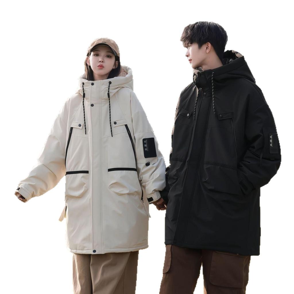 Unisex Mid-Length White Duck Down Winter Jacket: Windproof Hooded & Warm.
