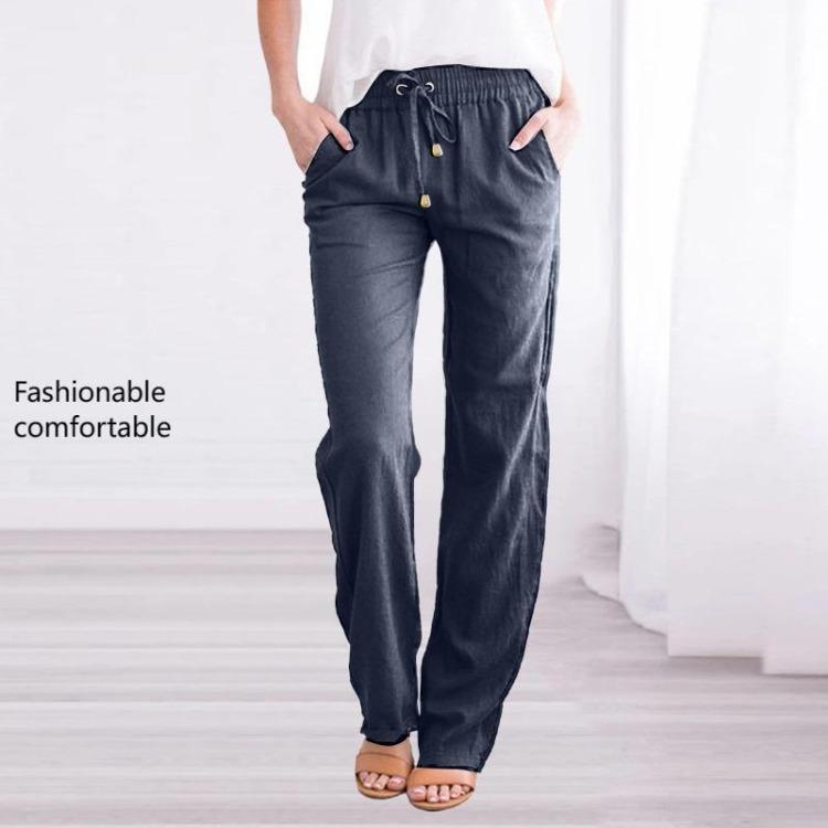 Women Wide Leg Trousers Loose Drawstring Casual Pants Solid Colour Cotton Linen Spring Summer