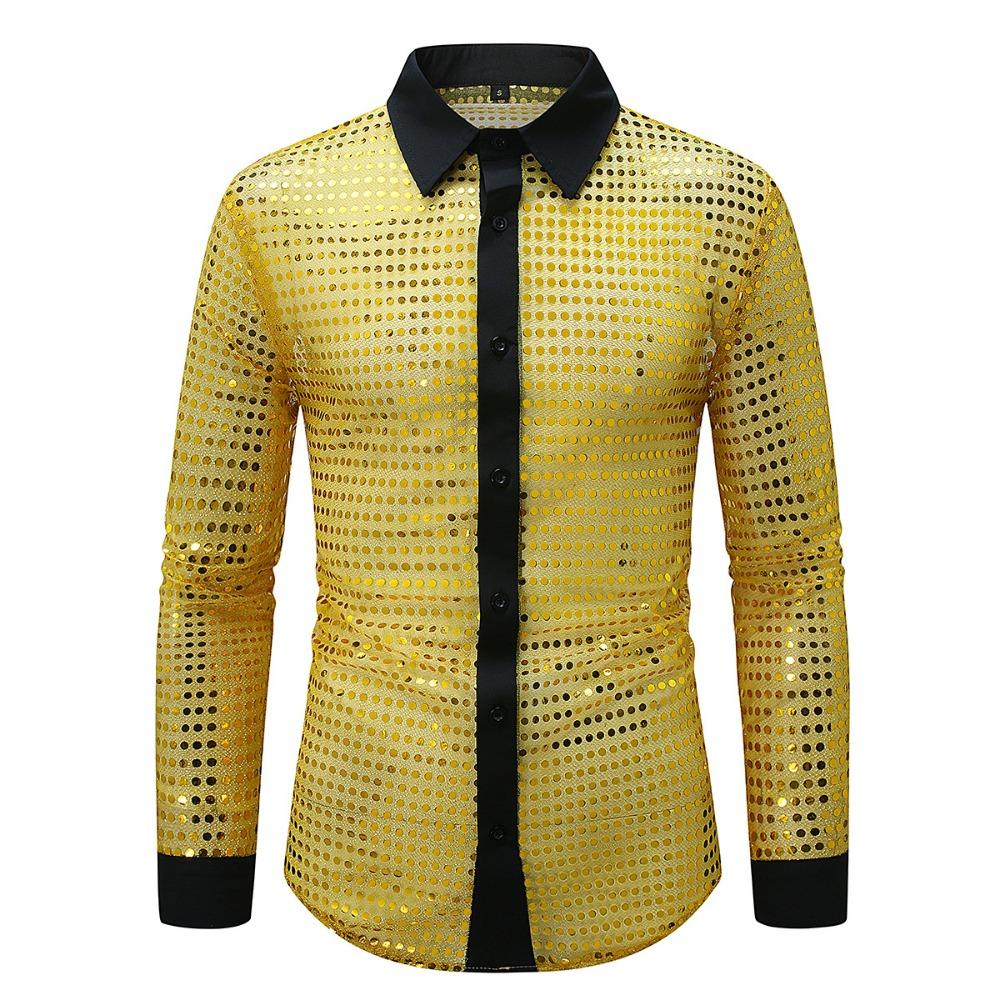 

2026 New Men s Fashion Long Sleeve Shirt Sequin Hollowed Lapel Nightclub Party Long Sleeve Shirt for Men XXXL жовтий