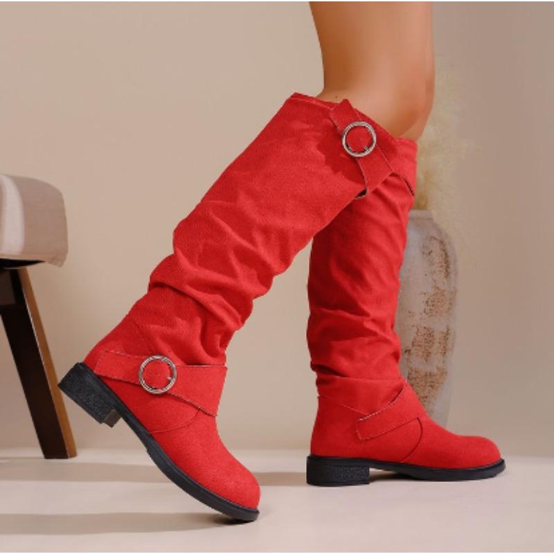 Western Style Pleated Flat Bottom Booties Women's Autumn Winter Thick Heel Long Boots Leather Belt Buckle Cotton Lined Ankle Boo