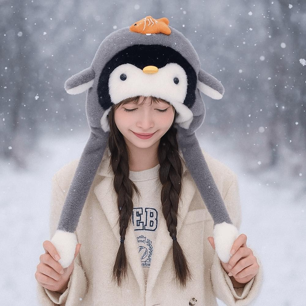 Kawaii Fluffy Pullover Hat Windproof Warm Lei Feng Cap Sweet Penguin Ear Moving Hat Girls
