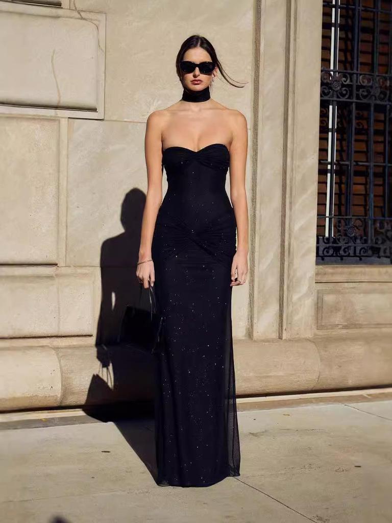 2023 Winter Women's Sexy Bandeau Fishtail Dress - European & American Style, Micro-Transparent Design