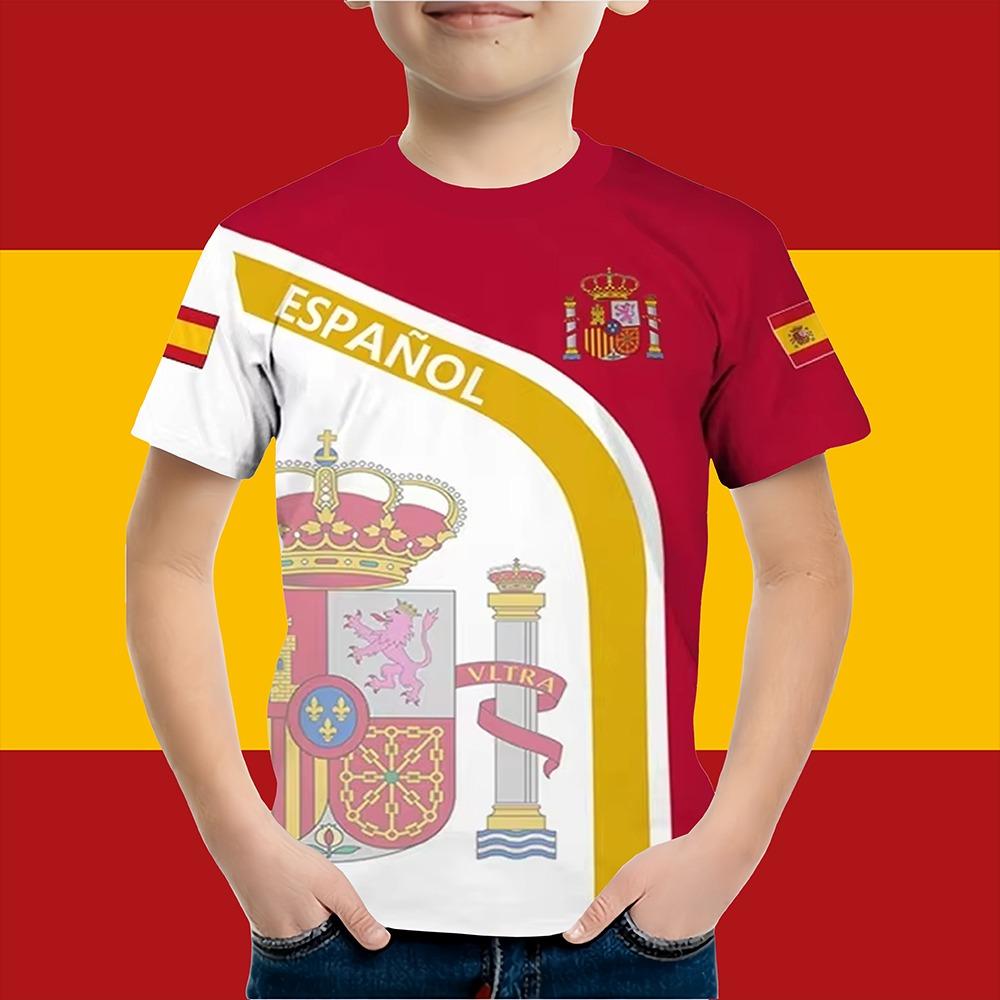Boys Clothes Spanish Flag Graphic T-Shirt Vintage Casual Short Sleeved Kids Clothes 2-14Y Summer Outdoor Spanish Child Top Tee