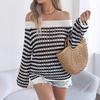 Spring and Summer Striped Openwork Comfortable Loose Knit Shirt for Women with Beach-style V-Neck Top