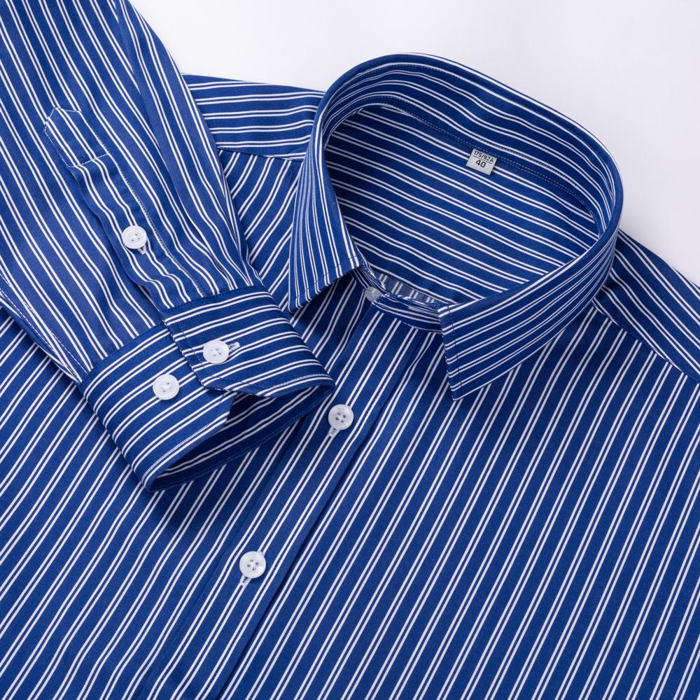 Men's Premium Non-Iron Pure Cotton Long Sleeve Formal Shirt with Spread Collar, No Pocket Plaid Striped for Business Casual Wear
