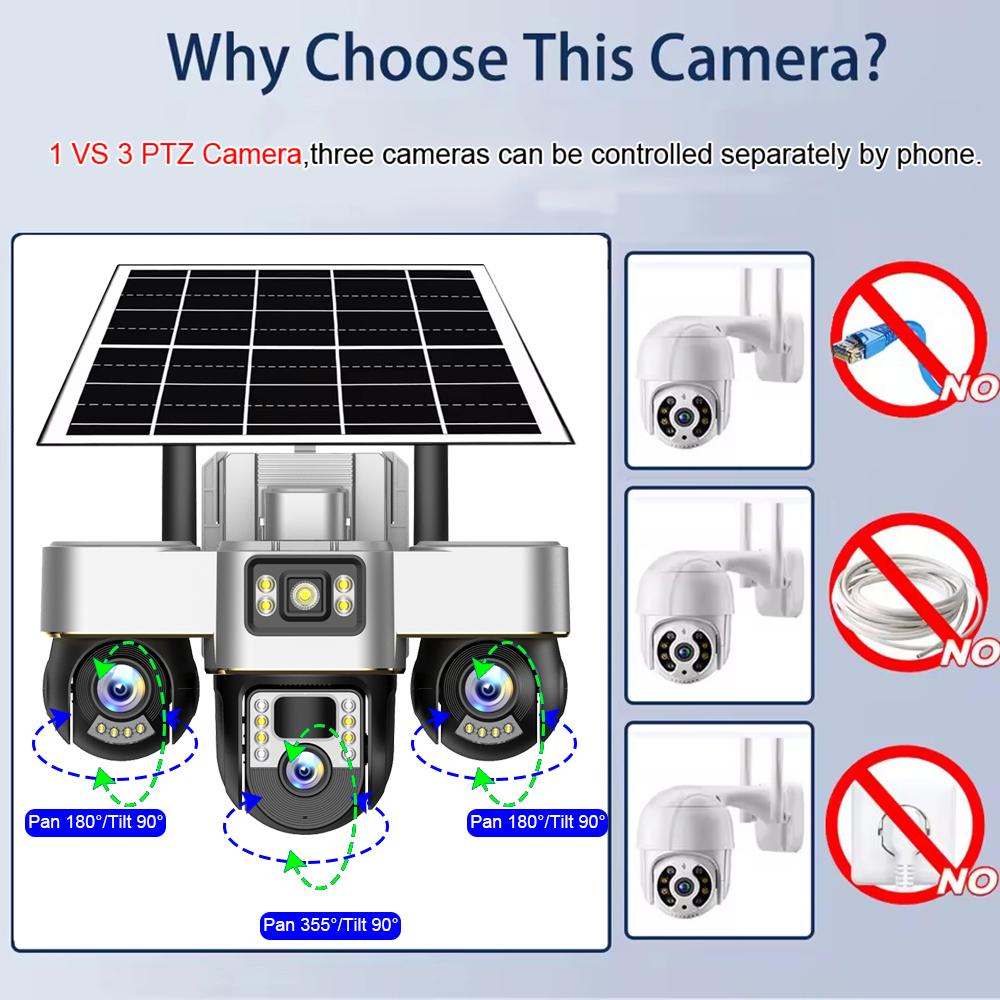V380 Pro Solar Camera 3 Lens WiFi Security Cameras Outdoor Smart Home Solaire Power PTZ IP 15MP Night Vision CCTV Surveillance