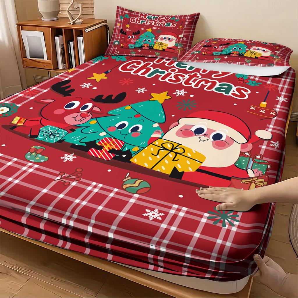 3pcs red checkered Santa Claus print coreless bed sheet set multi size bed cover bedroom bedding decoration machine washable