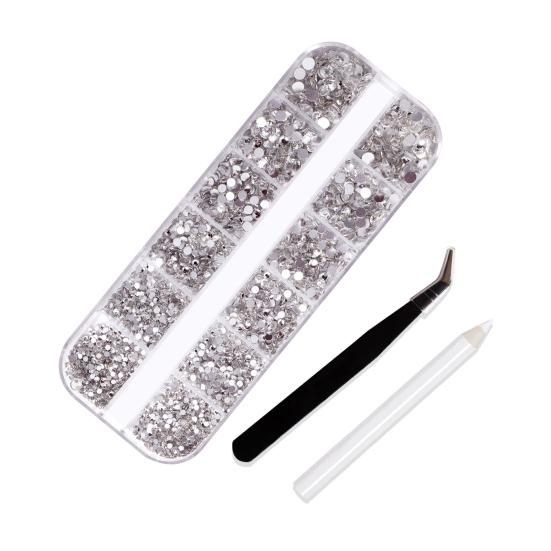 1 Set 12 Grids Nail Art Rhinestone Kit with Storage Box Drill Pen Tweezers Glass Flatback Rhinestone DIY Nail Design Crafting Decoration Fake Gems