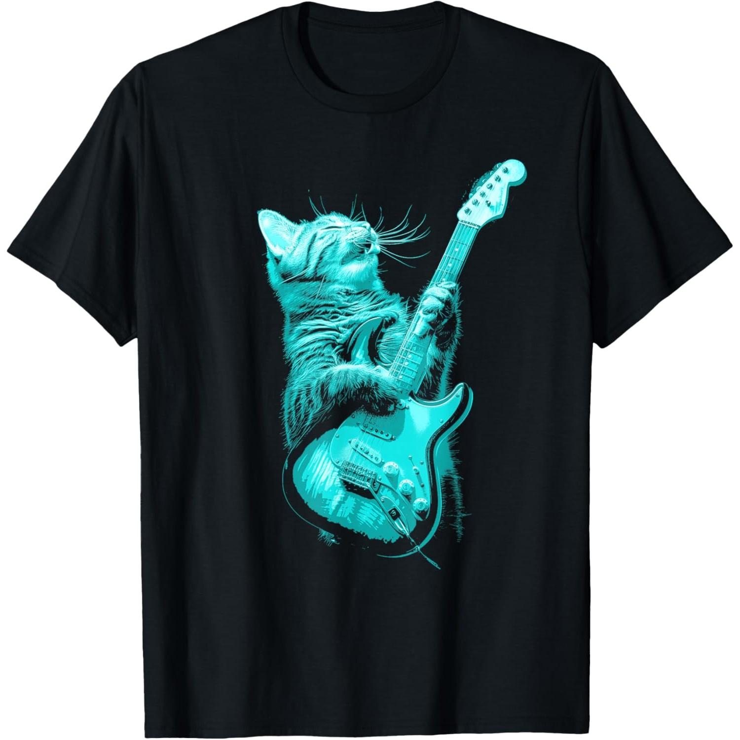 Funny Rock Cat Playing Electric Guitar Graphic Print Men s Cotton Casual T-Shirt S
