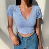 Women's Stretchy V-Neck Crop Top T-Shirt Short Sleeve Slim Fit Summer Casual Shirt