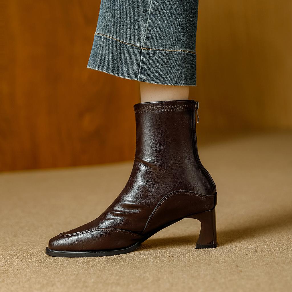 Kurzstiefel mit eckiger Spitze für Damen, dicker Absatz, Herbst und Winter 2025 neu, Reißverschluss hinten, weiches Leder, Nischen-Look, literarischer Retro-Stil, dünne elastische Stiefel