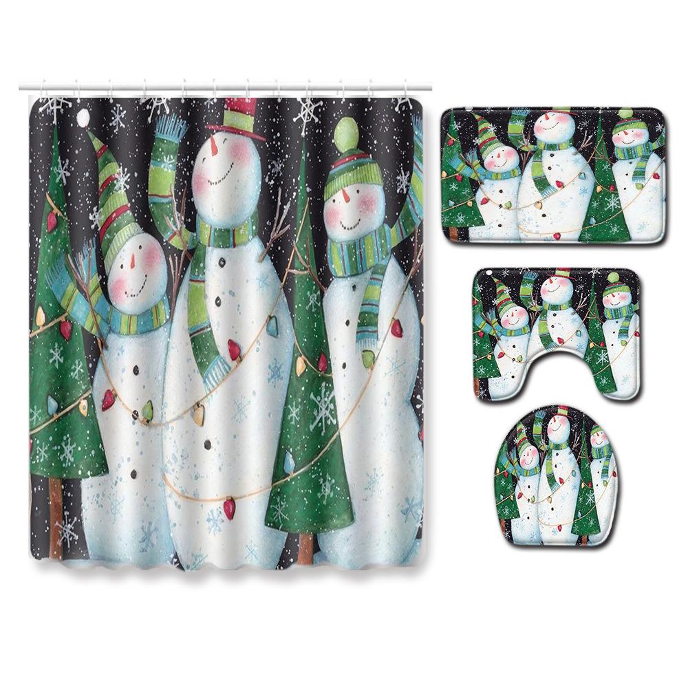 Christmas Shower Curtain Floor Mat Combination Four-Piece Set Bathroom Toilet Carpet Shower Room Mat Foot Mat
