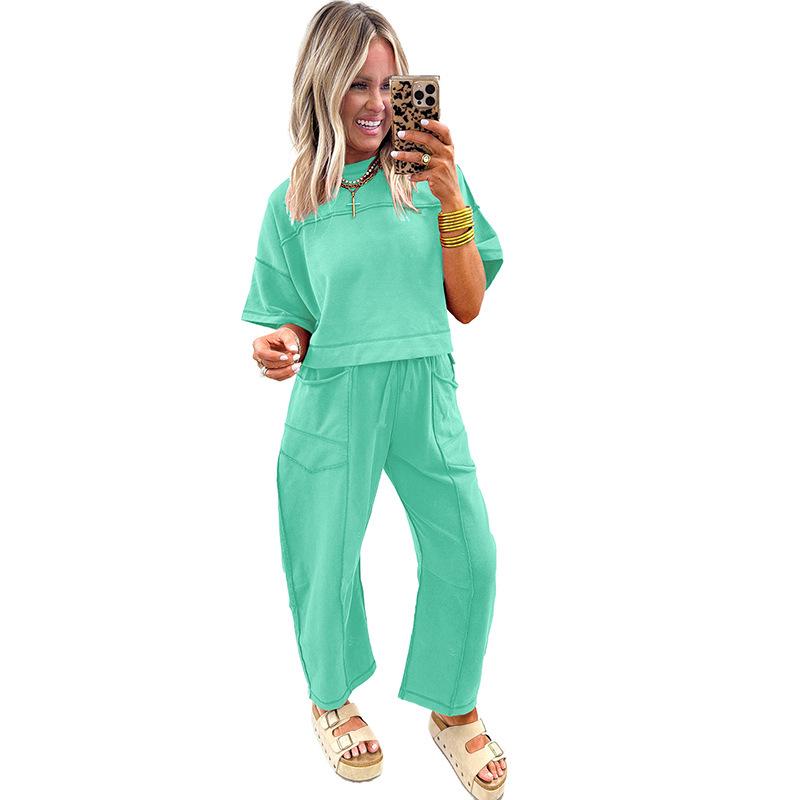 

Shi Ying Women s Loose-Fit, Pocketed Solid Color Short Sleeve Casual Suit - European American Fashion Two-Piece Set Extra Large
