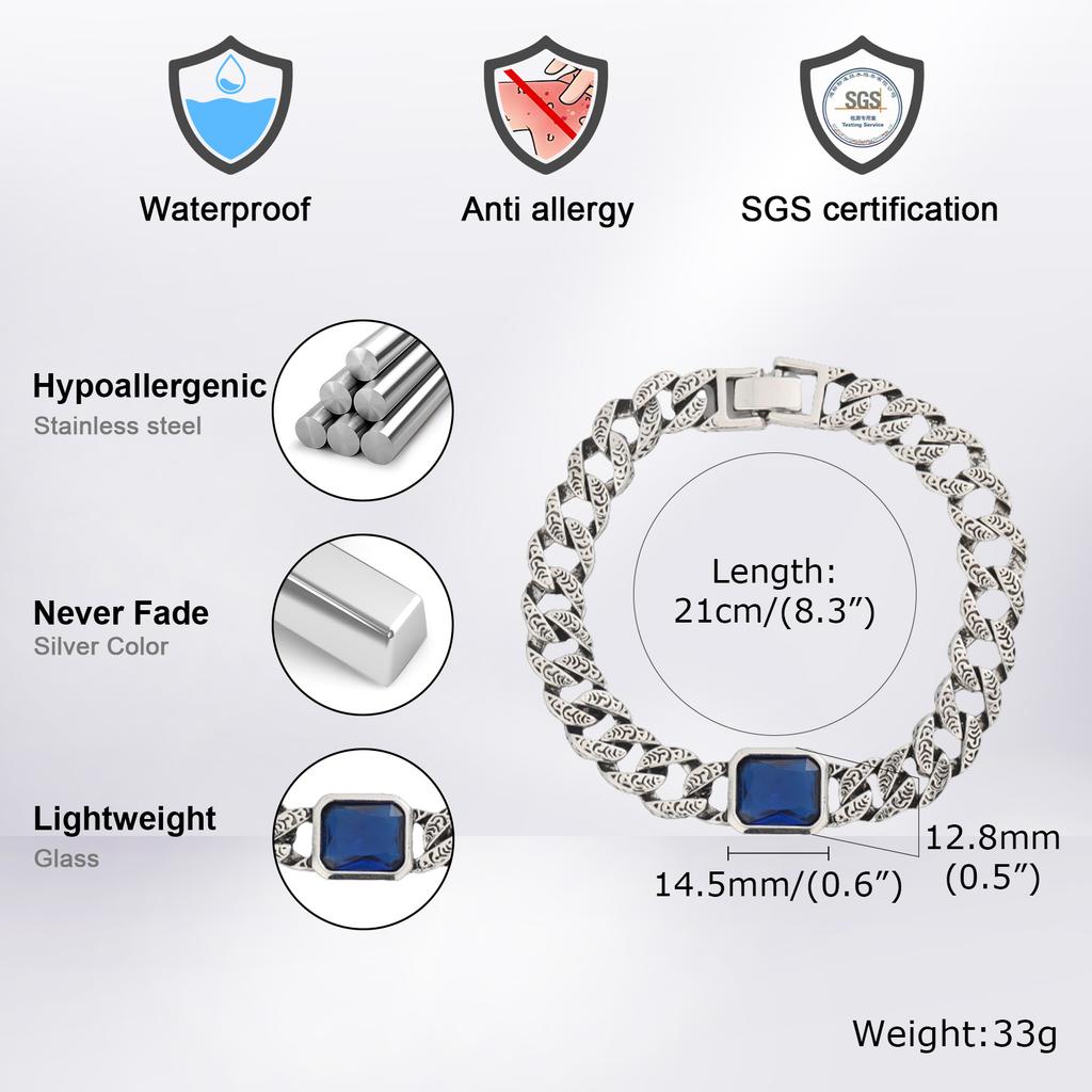 Chunky Cuban Chain Bracelets for Men Boys,Embossed Stainless Steel Chain Link Wristband with Blue Stone,Retro Jewelry Gift