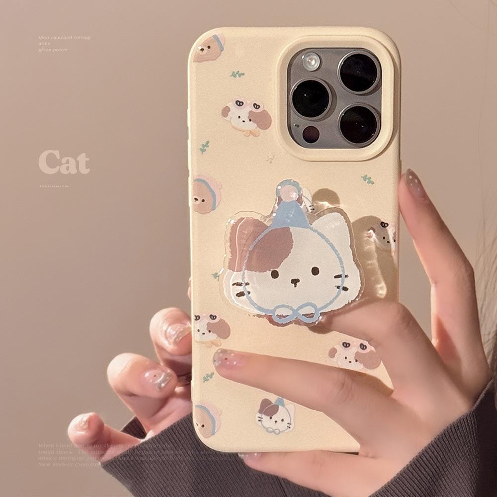 Cute Kitten Bracket Iphone17 Mobile Phone Case Apple 15 Cream Yellow Cartoon 16promax Suitable for 13 Anti Fall 12
