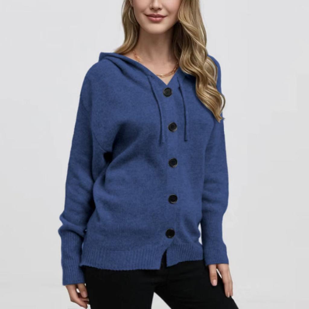 New Single-Breasted Hooded Cardigan Sweater Women's Autumn and Winter V-Neck Solid Color Knitted Sweater