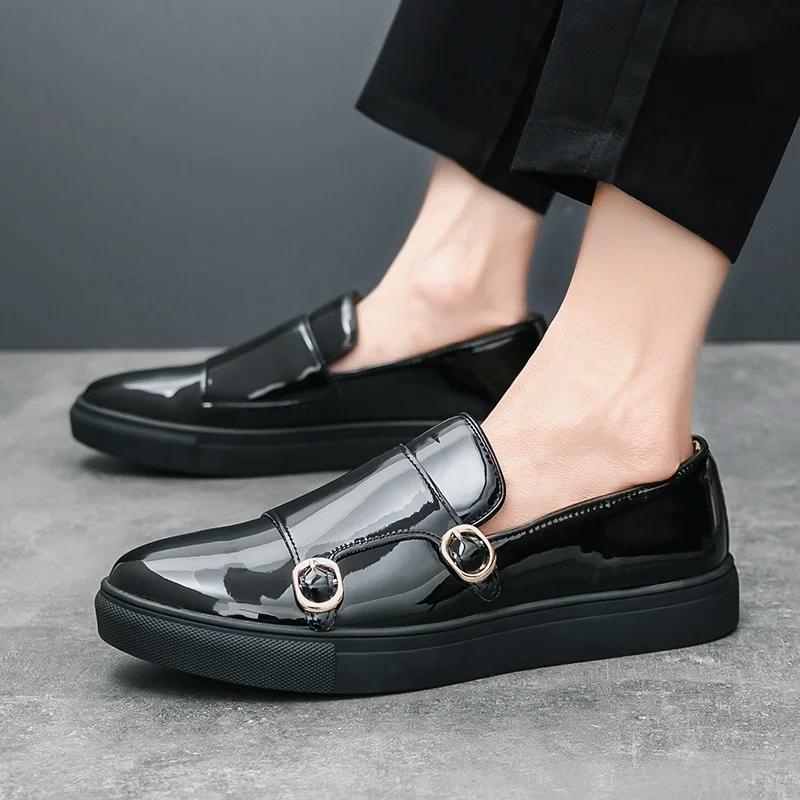 Fashion Men's Pointed Glossy Black Monk Strap Loafter Leather Casual Mens Shoes Man Male Formal Wedding Dress Shoes for Men