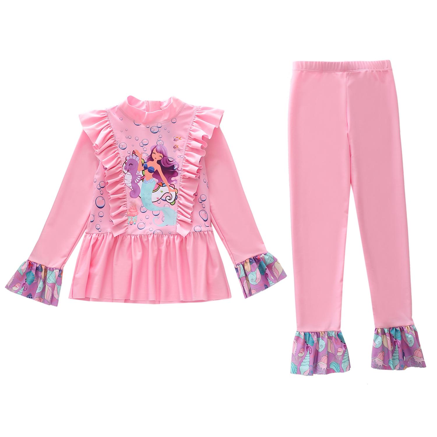 Kids Mermaid Long Sleeve Two-Piece Swimsuit - Sun Protection Swimwear for Girls 3XL (120-130cm, 47-55kg)