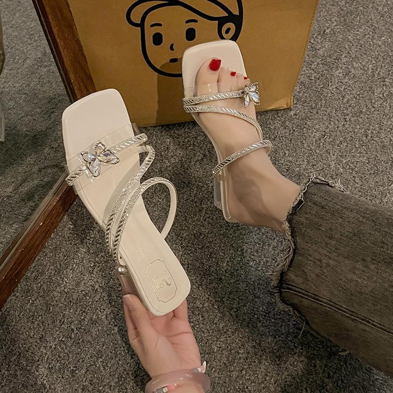 High Heels New Shoes Flip-flops Square Toe Thick-heeled Slippers