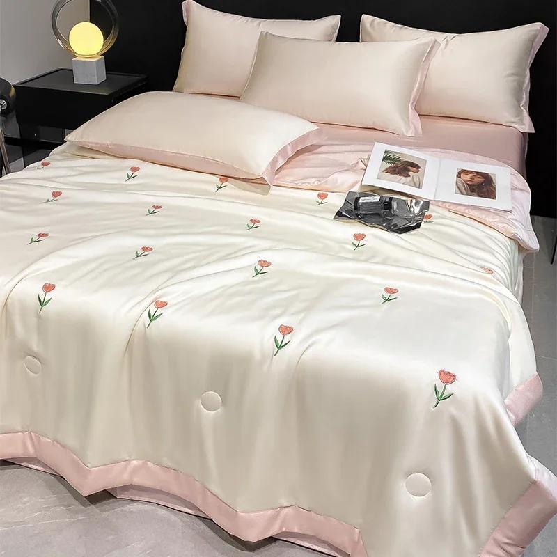 High-end Embroidered Spring Summer Quilt 4 Pcs Set or 3 Pcs Set or 1 Pcs Luxury Skin- Friendly Summer Blanket Lightweight Duvet